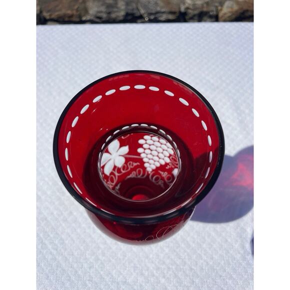 Vintage Egermann Bohemian Ruby Red Vase Cut To Clear Etched Glass 8 3/4" Tall - Picture 7 of 8